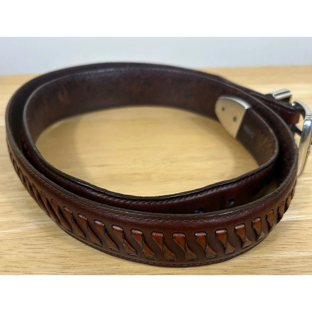 VTG 90s Onyx by Brighton Leather Belt Men 40 Brown Braided Western Silver Buckle